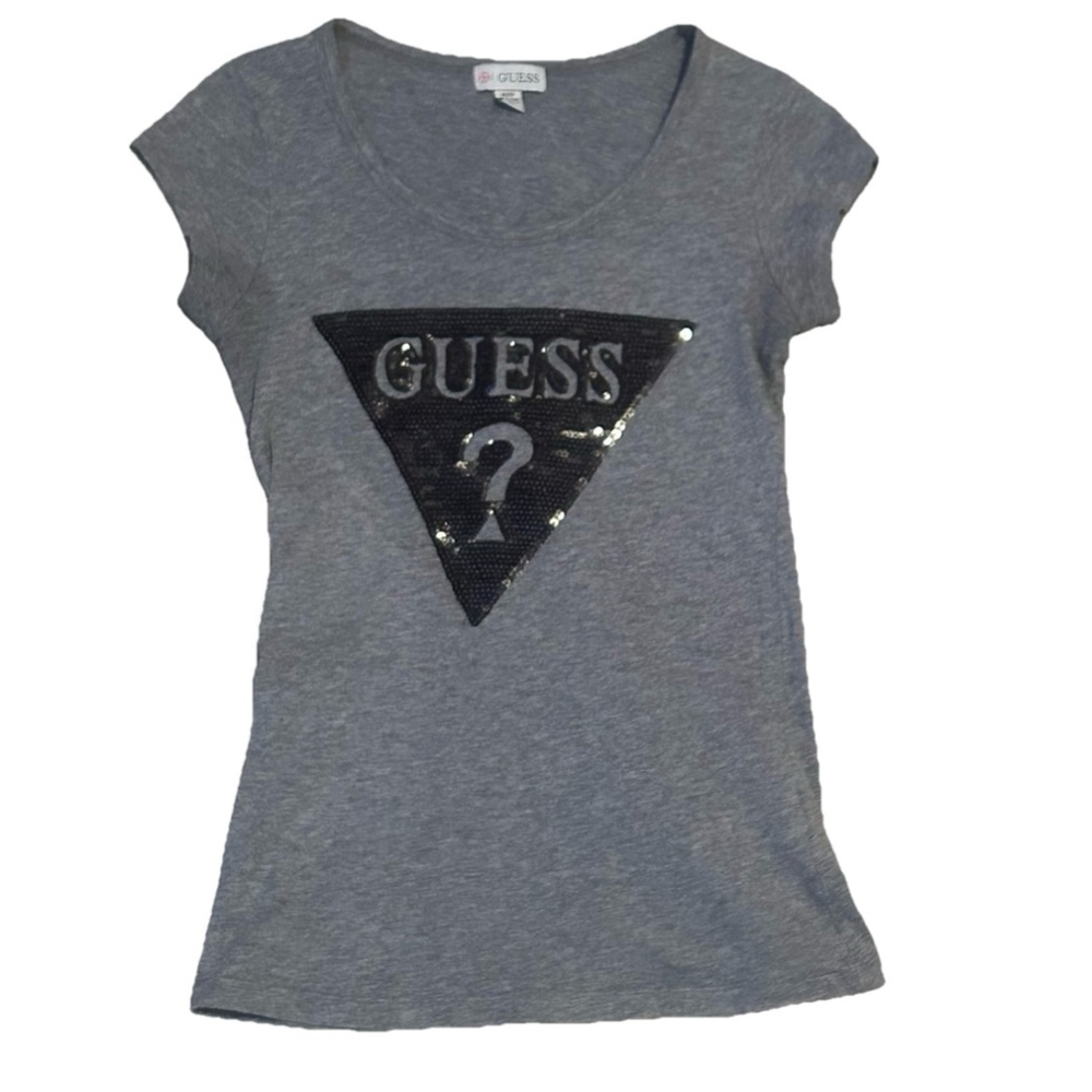 GUESS Women’s Black and Gray Tee Sequin Logo Size X-Small